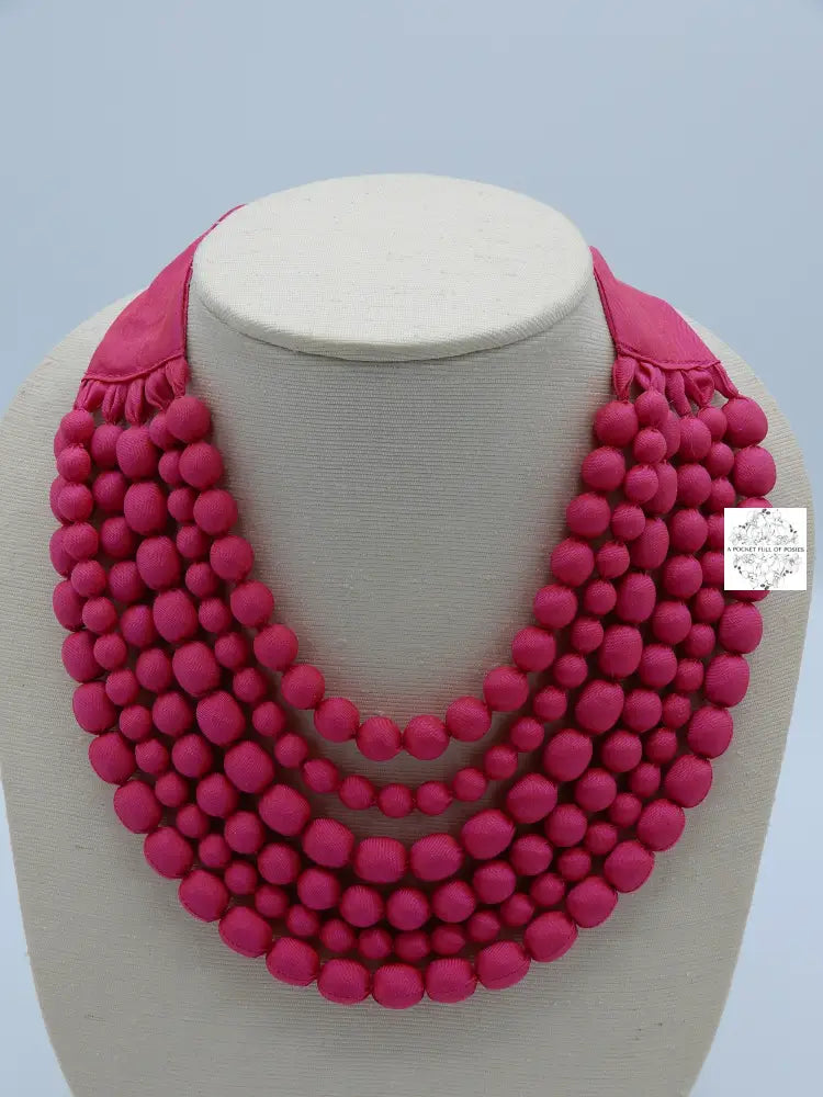 Bright Pink Cambodian Silk Beaded Multi-Strand Adjustable Necklaces