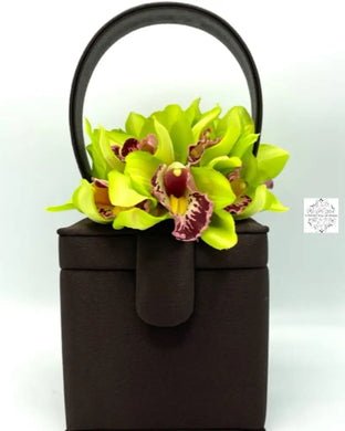 Chocolate Brown Silk Square Box Bag With Apple Green Flowers Handbag & Wallet Accessories