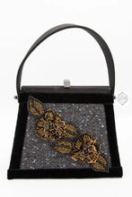 Load image into Gallery viewer, Designer Tweed Handbag Authentic Trapezoid Shaped Beaded Passementerie Purse With Black Velvet Trim
