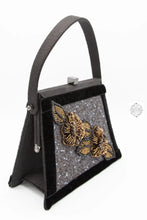 Load image into Gallery viewer, Designer Tweed Handbag Authentic Trapezoid Shaped Beaded Passementerie Purse With Black Velvet Trim
