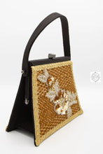 Load image into Gallery viewer, Designer Tweed Handbag Trapezoid Shaped Beaded Passementerie Purse With Brocade Trim Top Handle Or
