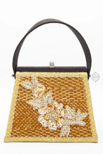 Load image into Gallery viewer, Designer Tweed Handbag Trapezoid Shaped Beaded Passementerie Purse With Brocade Trim Top Handle Or
