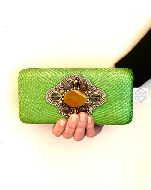 Fabulous Green Straw Clutch With Beading And Stones (With Optional Reception Strap) Made In The