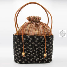 Load image into Gallery viewer, Large Bali Beaded Tote Bag, Handmade Black and Silver Flower Beading on Ata Straw Purse, Drawstring Batik Lining with Leather Straps
