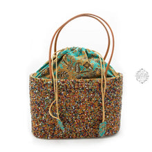 Load image into Gallery viewer, Large Bali Beaded Tote Bag, Handmade Multi-color Beading on Ata Straw Purse, Drawstring Batik Lining with Leather Straps
