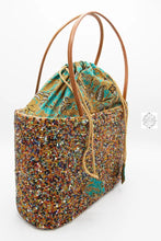 Load image into Gallery viewer, Large Bali Beaded Tote Bag, Handmade Multi-color Beading on Ata Straw Purse, Drawstring Batik Lining with Leather Straps
