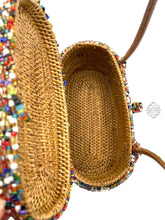 Load image into Gallery viewer, Mini Bali Beaded Handbag | Handmade Patterned Glass Beading On Ata Straw Purse Leather Straps
