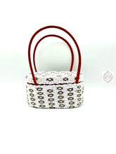 Load image into Gallery viewer, Mini Bali Beaded Handbag | Handmade Patterned Glass Beading On Ata Straw Purse Leather Straps
