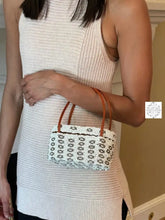 Load image into Gallery viewer, Mini Bali Beaded Handbag | Handmade Patterned Glass Beading On Ata Straw Purse Leather Straps White
