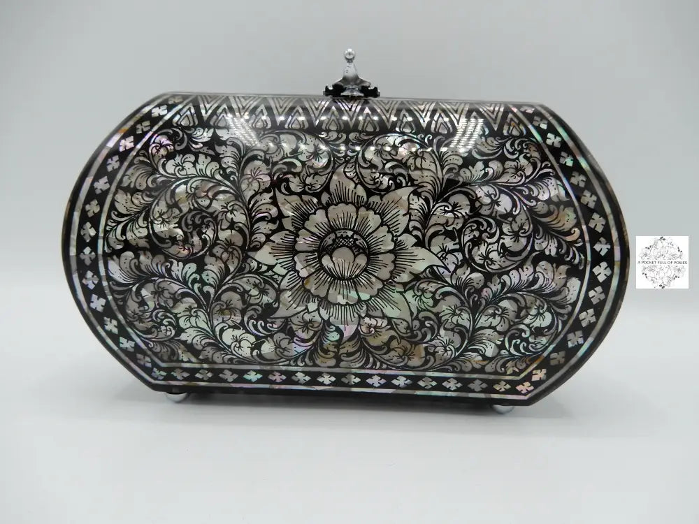 Mother of Pearl Clutch - Curved Edge Flower Design in Black & White Color,  Lacquered Evening Bag, Inlay Handbag with Velvet Lining