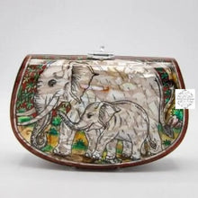 Load image into Gallery viewer, Mother of Pearl Clutch | Elephant, Mom and Baby Elephant Patterned, Animal Design Lacquered Evening Bag, Inlay Handbag with Velvet Lining
