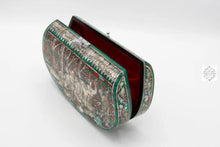 Load image into Gallery viewer, Mother of Pearl Clutch - Family of Elephants Design with Turquoise &amp; Ruby Colors, Lacquered Evening Bag, Inlay Handbag with Velvet Lining
