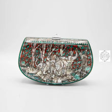 Load image into Gallery viewer, Mother of Pearl Clutch - Family of Elephants Design with Turquoise &amp; Ruby Colors, Lacquered Evening Bag, Inlay Handbag with Velvet Lining
