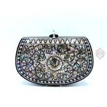 Load image into Gallery viewer, Mother of Pearl Clutch - Flower Design in Black &amp; White Color, Lacquered Evening Bag, Inlay Handbag with Velvet Lining
