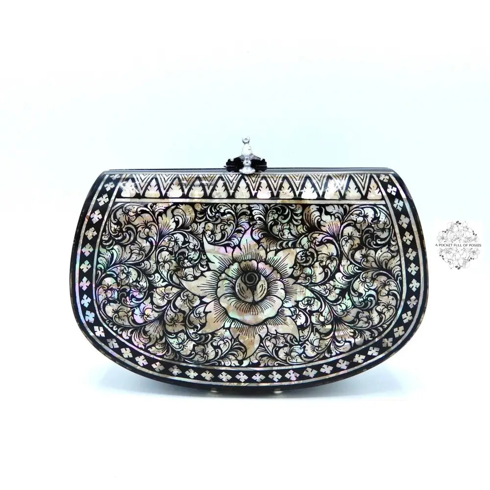 Mother of Pearl Clutch - Flower Design in Black & White Color, Lacquered Evening Bag, Inlay Handbag with Velvet Lining