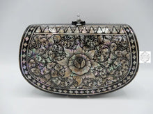 Load image into Gallery viewer, Mother of Pearl Clutch - Flower Design in Black &amp; White Color, Lacquered Evening Bag, Inlay Handbag with Velvet Lining
