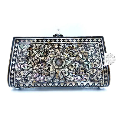 Mother of Pearl Clutch - Flower Design in Black & White Color, Lacquered Evening Bag, Inlay Handbag with Black Velvet Lining