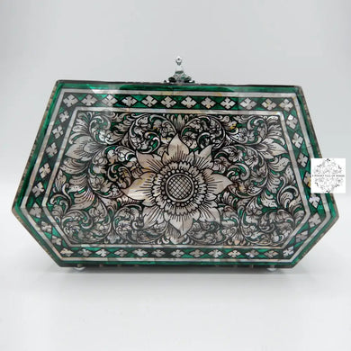 Mother of Pearl Clutch - Modern, Flower Design in Green & White Color, Lacquered Evening Bag, Inlay Handbag with Velvet Lining