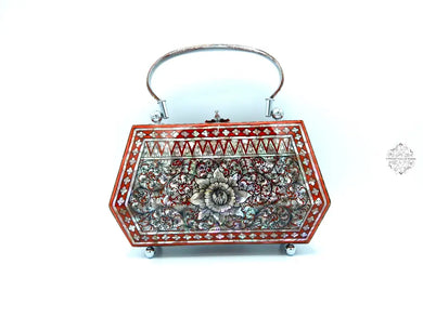 Mother Of Pearl Handbag -Modern Red And Whimsical Flower Patterned Design Lacquered Evening Bag