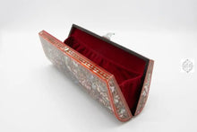 Load image into Gallery viewer, Mother of Pearl Long Clutch - Red and Pearl, Whimsical Floral Patterned Design Lacquered Evening Bag, Inlay Handbag with Maroon Velvet Lining
