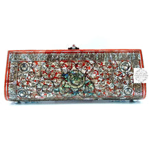 Load image into Gallery viewer, Mother of Pearl Long Clutch - Red and Pearl, Whimsical Floral Patterned Design Lacquered Evening Bag, Inlay Handbag with Maroon Velvet Lining
