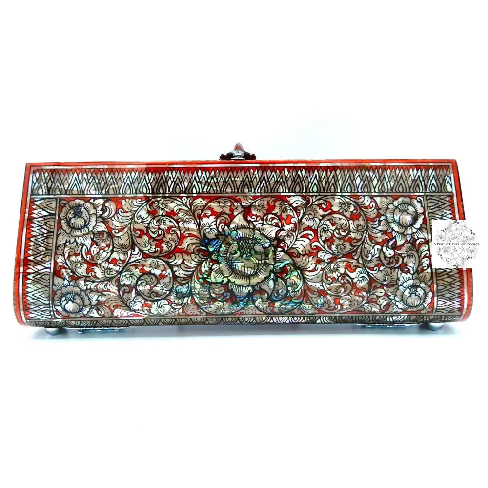 Mother of Pearl Long Clutch - Red and Pearl, Whimsical Floral Patterned Design Lacquered Evening Bag, Inlay Handbag with Maroon Velvet Lining