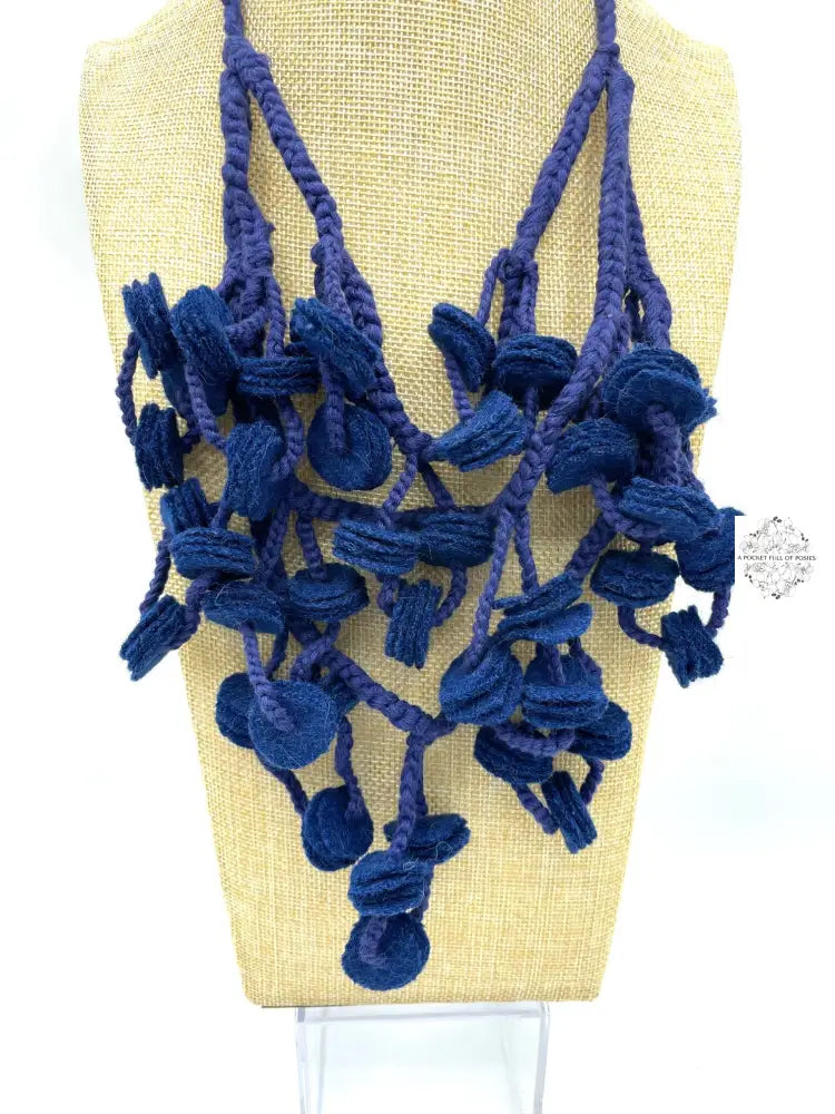 Peruvian Handmade Knitted Necklace | Super Soft Felt Fabric Unique Circle Design Wool Inactive Navy