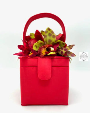 Red Silk Square Box Bag With And Apple Green Orchids Handbag & Wallet Accessories