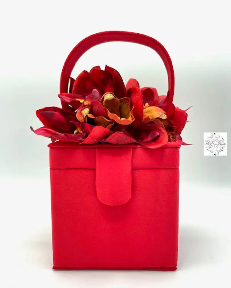 Red Silk Square Box Bag With Colorful Orchids Handbag & Wallet Accessories