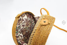 Load image into Gallery viewer, Round Ata Straw Bag with Crossbody Strap - Natural 8&quot; Rattan Bag, Straw Purse, Boho Wicker, Batik Lining, Handmade in Bali, spring style
