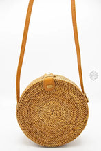 Load image into Gallery viewer, Round Ata Straw Bag with Crossbody Strap - Natural 8&quot; Rattan Bag, Straw Purse, Boho Wicker, Batik Lining, Handmade in Bali, spring style
