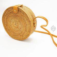 Load image into Gallery viewer, Round Ata Straw Bag with Crossbody Strap - Natural 8&quot; Rattan Bag, Straw Purse, Boho Wicker, Batik Lining, Handmade in Bali, spring style
