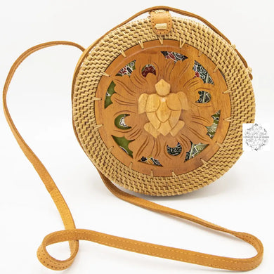 Round Ata Straw Shoulder Bag With Carving And Long Strap - 2 Styles Turtle