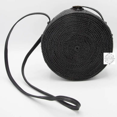 Round Black Ata Straw Bag with Crossbody Strap - Natural 8