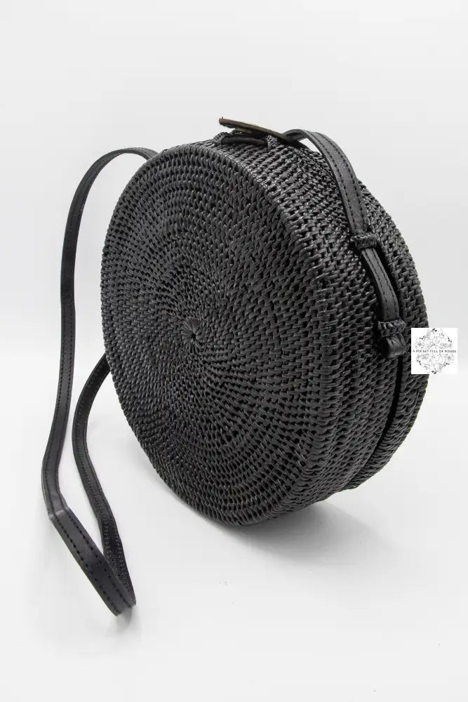 Round Black Ata Straw Bag with Crossbody Strap Natural 8 Rattan Bag Straw Purse Boho Wicker Batik Lining Bali
