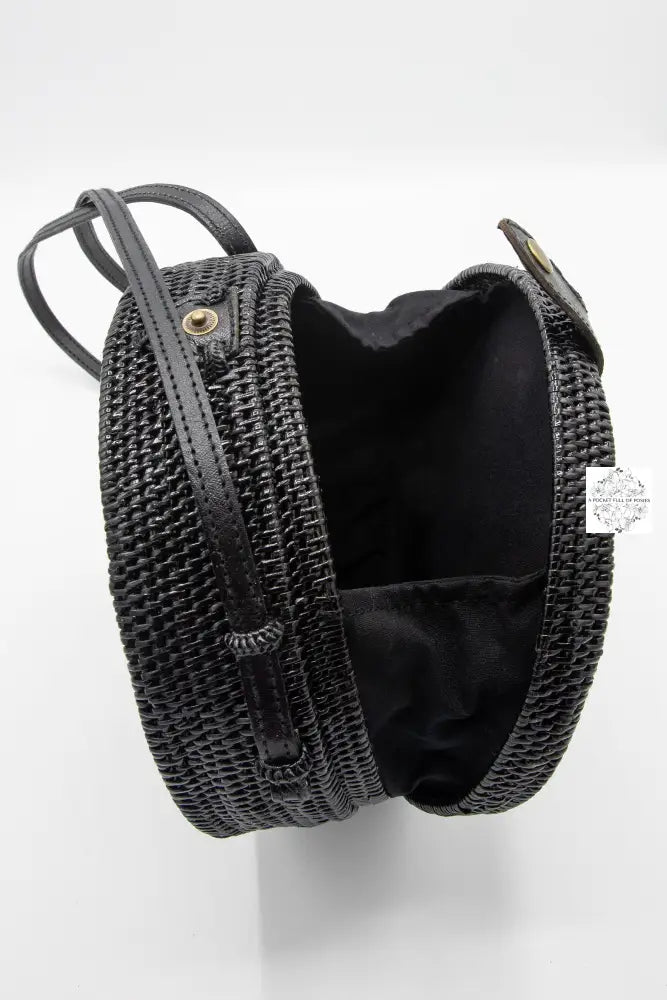 Woven Black Tote Purse on sale Straw Floral Pattern Circle Basket