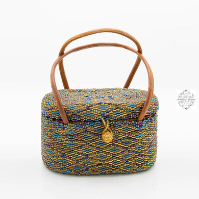 Small Bali Beaded Handbag, Handmade Multi-Colored, Diamond patterned Glass Beading on Ata Straw Purse, Leather Straps