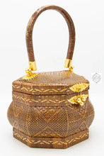 Load image into Gallery viewer, Small Round Thai Straw Handbag, Natural, Handwoven, Vintage-inspired Purse, Fern Vine Tote with Handle
