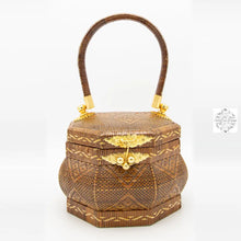 Load image into Gallery viewer, Small Round Thai Straw Handbag, Natural, Handwoven, Vintage-inspired Purse, Fern Vine Tote with Handle
