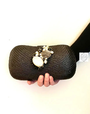 Soft Curve Black Straw Clutch With Stone Closure (With Optional Reception Strap) Handmade By