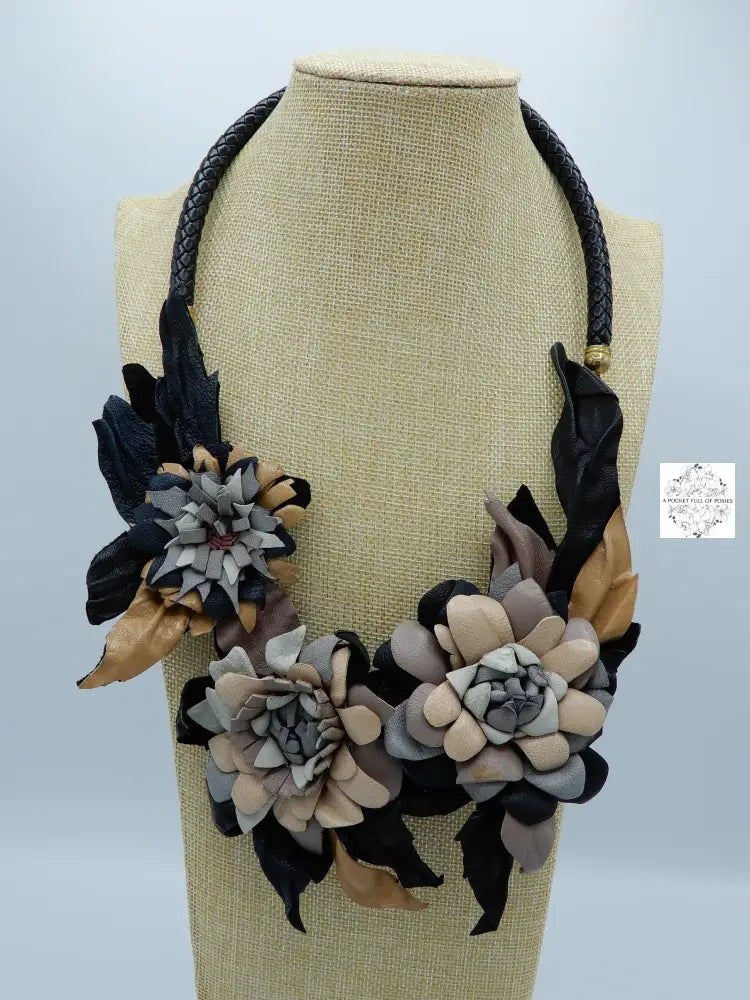 Soft Leather Flower Necklace - Cream Dove Gray Blush Pink Tan And Black Handmade Flowers Handbags