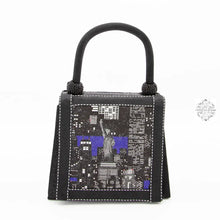 Load image into Gallery viewer, Hello DC &amp; New York Handbag, Black Silk Purse with Sparkle, Handmade in Bali, wear the DC Capitol and Statue of Liberty on your wrist
