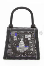 Load image into Gallery viewer, Hello DC &amp; New York Handbag, Black Silk Purse with Sparkle, Handmade in Bali, wear the DC Capitol and Statue of Liberty on your wrist
