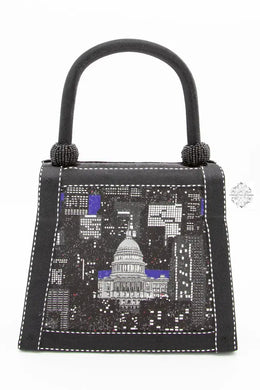 Hello DC & New York Handbag, Black Silk Purse with Sparkle, Handmade in Bali, wear the DC Capitol and Statue of Liberty on your wrist