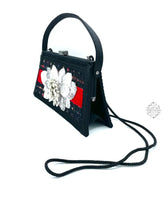 Load image into Gallery viewer, Tweed Fabric - Large Trapezoid Handbag with Vintage Pin | Floral Accessories | Black &amp; Red Shoulder Handbag | 1950s Glamour
