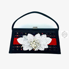Load image into Gallery viewer, Tweed Fabric - Large Trapezoid Handbag with Vintage Pin | Floral Accessories | Black &amp; Red Shoulder Handbag | 1950s Glamour

