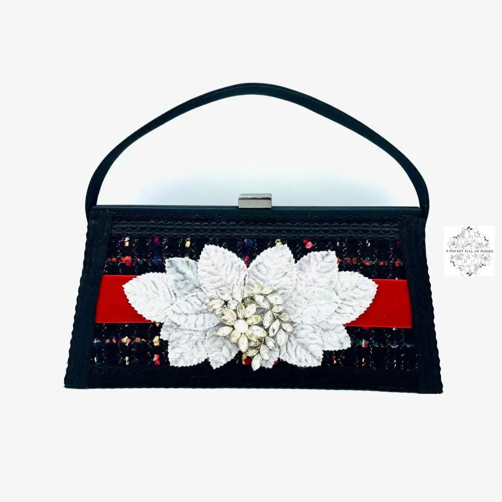 Tweed Fabric - Large Trapezoid Handbag with Vintage Pin | Floral Accessories | Black & Red Shoulder Handbag | 1950s Glamour