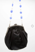 Load image into Gallery viewer, Vintage Pin Handbag, Black Silk Clutch with Beaded Strap, Swarovski Crystal Handle and Rhinestone Pin, Special Occasion Purse
