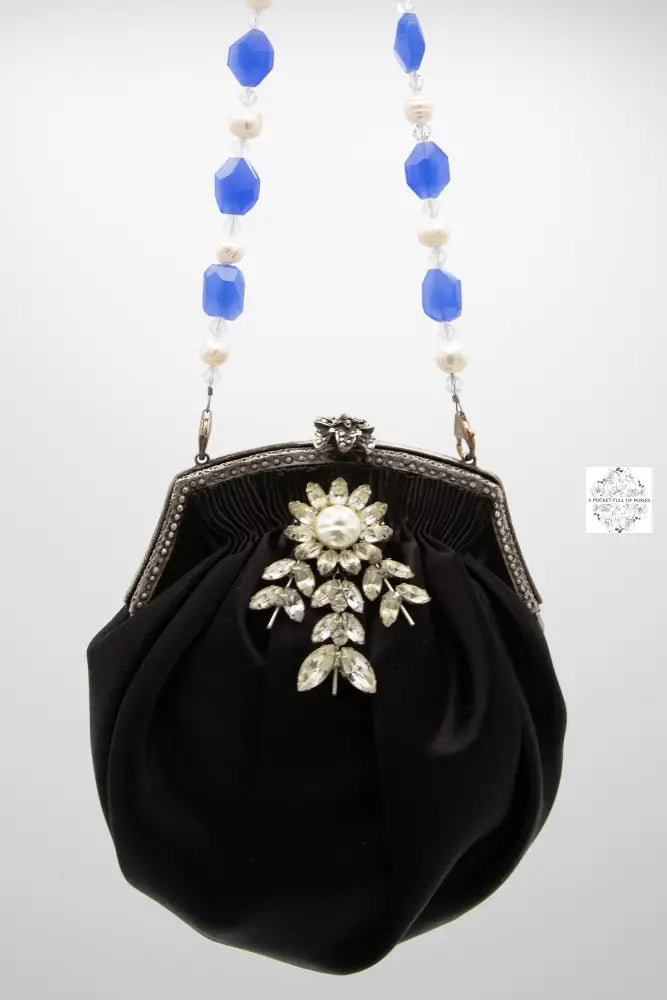vintage pin handbag black silk clutch with beaded strap swarovski crystal handle and rhinestone special occasion