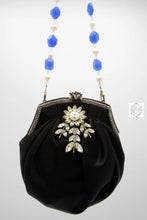 Load image into Gallery viewer, Vintage Pin Handbag, Black Silk Clutch with Beaded Strap, Swarovski Crystal Handle and Rhinestone Pin, Special Occasion Purse
